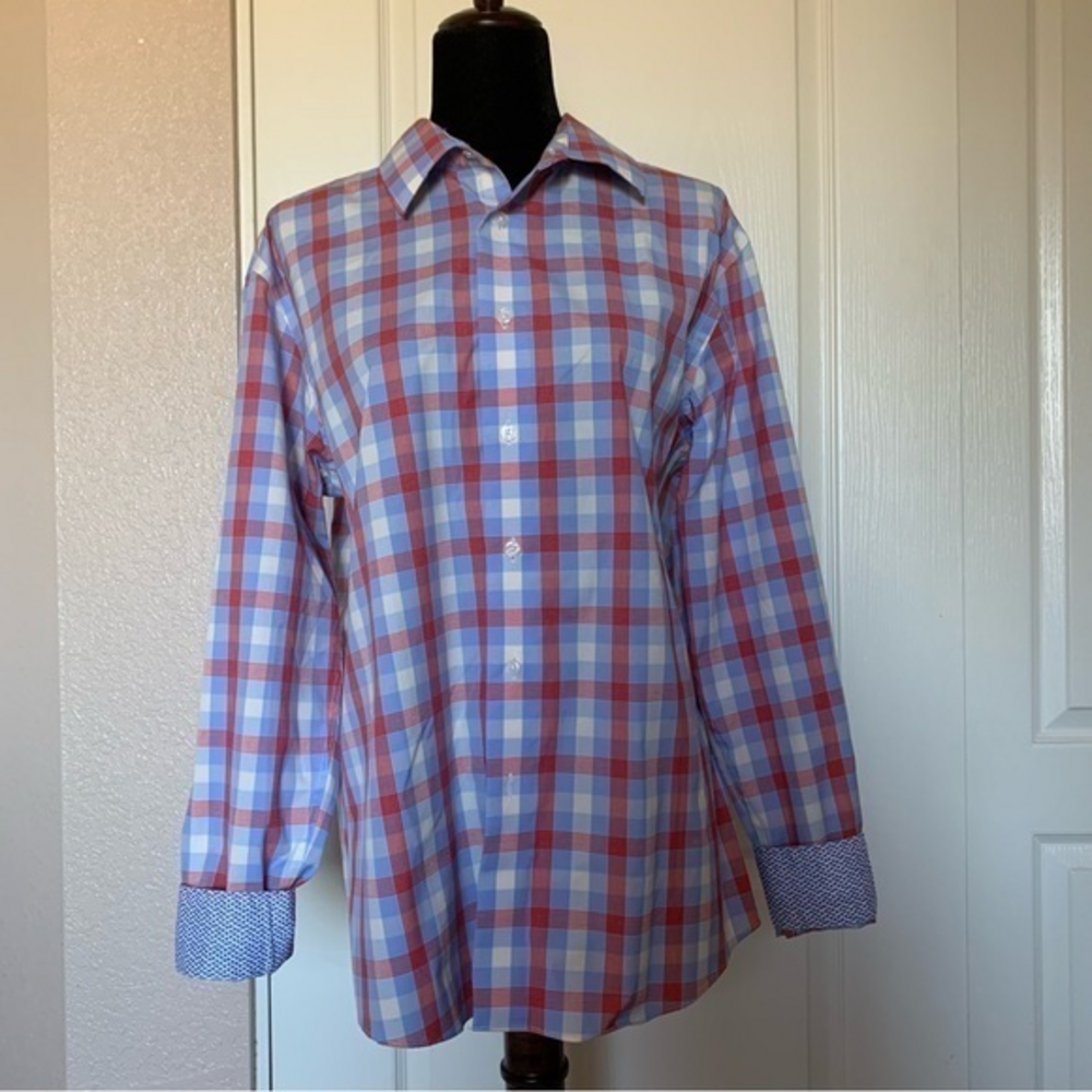 Egara Men’s Button Down Long Sleeve Blue Cream and Orange Plaid Shirt Size Large